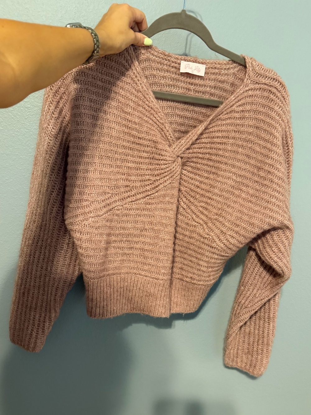 Pink Lily Dusty Rose Twist-Front V-Neck Cropped Sweater